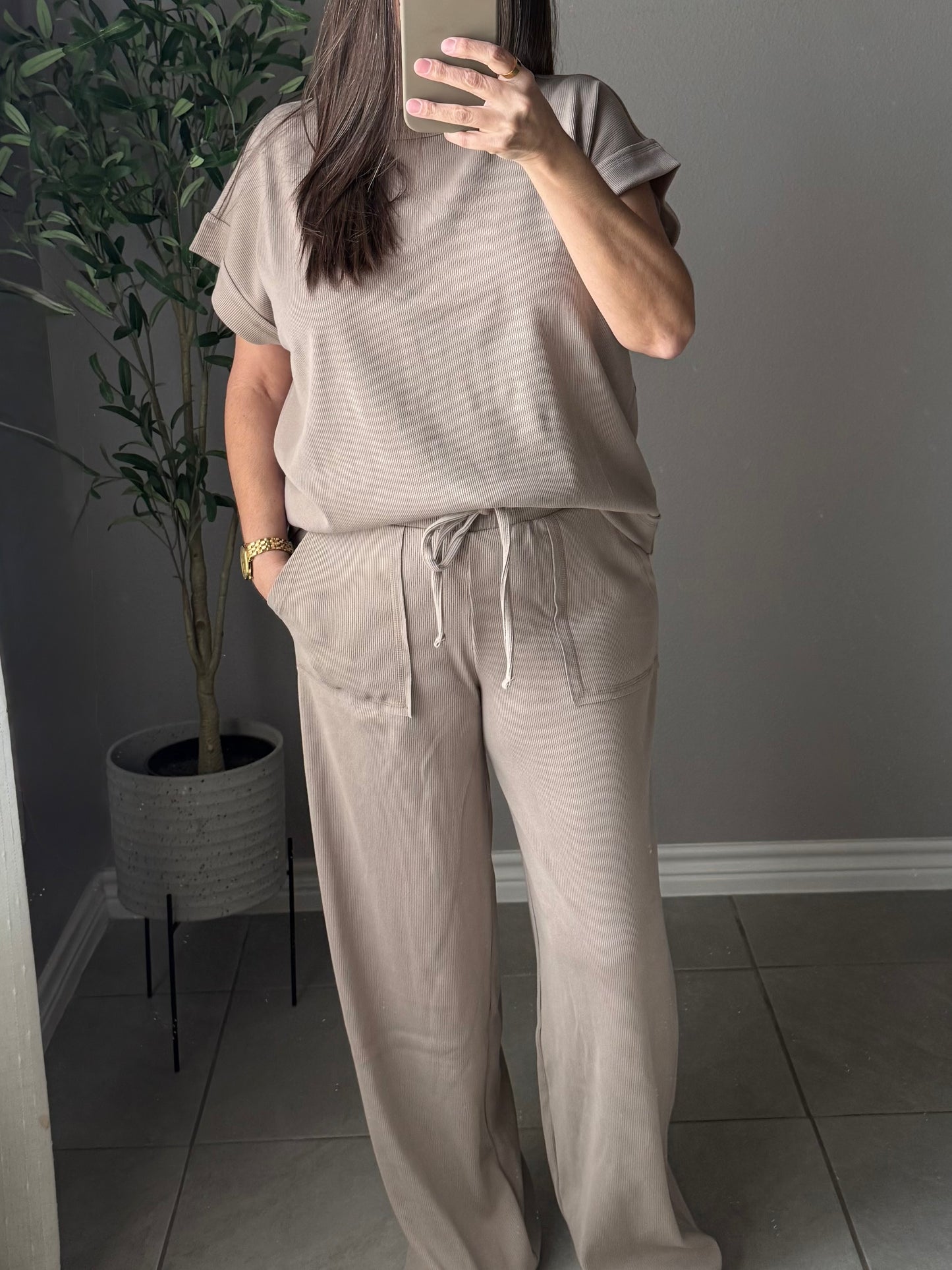 Macy Ribbed Set- Taupe